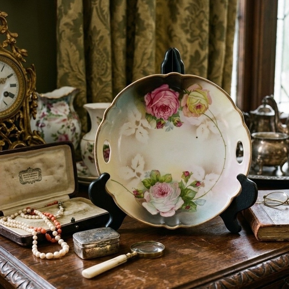 Vintage German Porcelain Handled Cake Plate Hand Painted Pink Roses Gold Trim